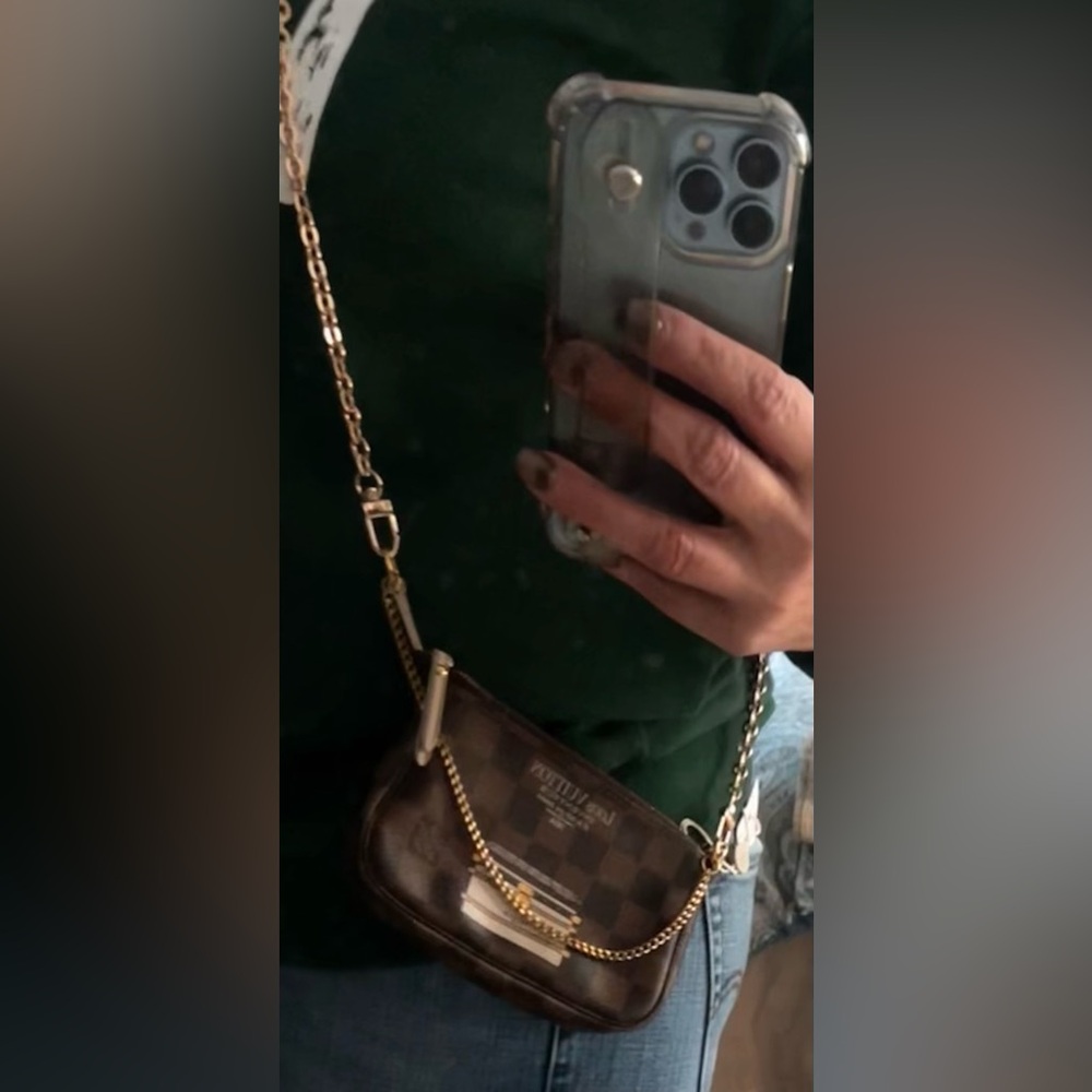 AUTHENTIC 🤎 LV  Damier Ebene Mini Pochette with Gold Chain and Trunk Print - Picture 6 of 16